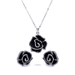Sterling Silver Rhodium & Black Rhodium Plated Black & Clear Flower CZ Stud Earring & Necklace Set b