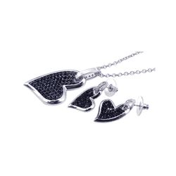 Sterling Silver Rhodium & Black Rhodium Plated Black Pave Set Heart CZ Dangling Stud Earring & Dangl