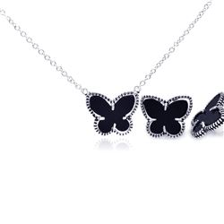 Sterling Silver Rhodium Plated Black Onyx Mini Butterfly Stud Earring & Necklace Set bgs00111