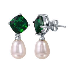 Sterling Silver Rhodium Plated Round Green CZ Dangling Fresh Water Pearl Earrings - BGE00448GRN