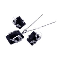 Sterling Silver Rhodium Plated Black Onyx Rectangle Clear CZ Stud Earring & Necklace Set bgs00024