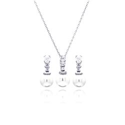 Sterling Silver Rhodium Plated Pearl Clear CZ Hanging Stud Earring & Necklace Set bgs00230
