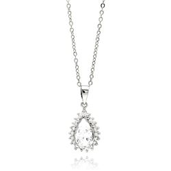 Rhodium Plated Brass Teardrop Clear CZ Pendant Necklace bbp00162
