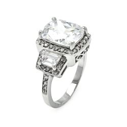 Rhodium Plated Brass 3 Rectangular Clear CZ Past Present Future Engagement Ring bbr00047