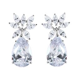 Sterling Silver Rhodium Plated Flower Pear CZ Dangling Stud Earring STE00659CLEAR