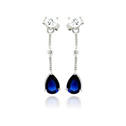 Sterling Silver Rhodium Plated Blue Teardrop CZ Wire Dangling Stud Earring ste00880