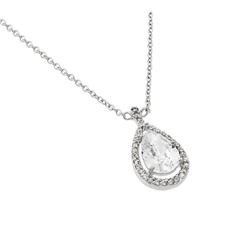 Sterling Silver Rhodium Plated Clear CZ Drop Shape Pendant Necklace BGP00922