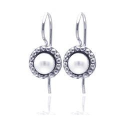 Sterling Silver Rhodium Plated Round CZ Fresh Water Pearl Hook Earring - STE00756