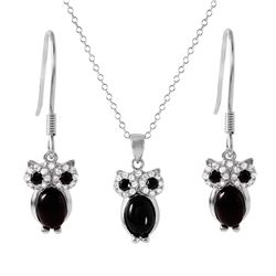 Sterling Silver Rhodium Plated Black Stone Owl Set STS00493