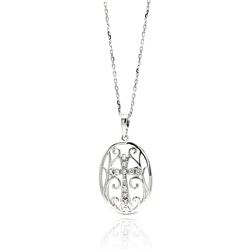 Sterling Silver Rhodium Plated Wave Designed Disc Center Cross Filigree CZ Necklace bgp00557