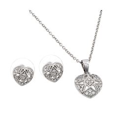 Sterling Silver Rhodium Plated Clear Heart Flower Pave Set CZ Stud Earring & Necklace Set BGS00099