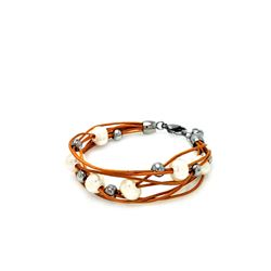 Stainless Steel Multiple Brown Strand Leather Pearl Bead Bracelet slb00006
