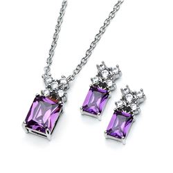 Sterling Silver Rhodium Plated Clear Round Purple Rectangle CZ Stud Earring & Necklace Set bgs00400a