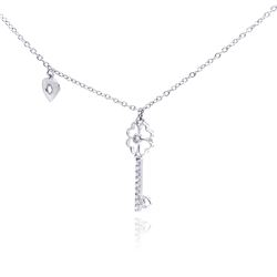 Sterling Silver Rhodium Plated Clear CZ Key Pendant Necklace stp01055