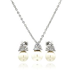 Rhodium Plated Brass Pearl Clear Triangle CZ Hanging Stud Earring & Necklace Set bbs00019