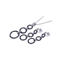 Sterling Silver Rhodium & Black Rhodium Plated Clear & Black Open Circle CZ Dangling Stud Earring & 