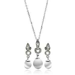 Sterling Silver Rhodium Plated Pearl Clear CZ Hanging Stud Earring & Necklace Set bgs00226