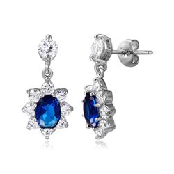 Sterling Silver Rhodium Plated 2 Toned Clear And Blue CZ Hanging Earring - BGE00472