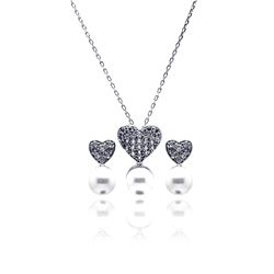 Sterling Silver Rhodium Plated Pearl Clear Heart CZ Hanging Stud Earring & Hanging Necklace Set bgs0