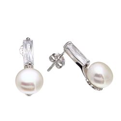 Sterling Silver Rhodium Plated CZ And Fresh Water Pearls Earrings - STE01083