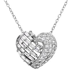 Sterling Silver Rhodium Plated 2 Sided Baquette CZ Stones Heart Necklace - BGP01123