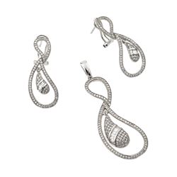 Sterling Silver Rhodium Plated Clear Open Loop Eggplant CZ Dangling Stud Earring & Necklace Set gms0