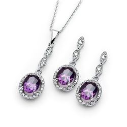 Sterling Silver Rhodium Plated Purple & Clear Oval CZ Dangling Stud Earring & Dangling Necklace Set 