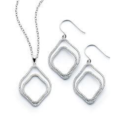 Sterling Silver Rhodium Plated Clear Double Diamond Shaped Outline CZ Hook Earring & Necklace Set bg