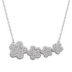 Sterling Silver Rhodium Plated 4 Graduated CZ Encrusted Flower Necklace - STP01537