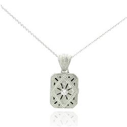 Sterling Silver Clear CZ Rhodium Plated Double Square Locket Pendant Necklace stp00123