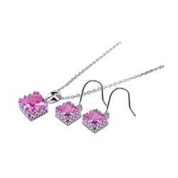 Sterling Silver Rhodium Plated Square Pink CZ Hook Earring & Necklace Set sts00135