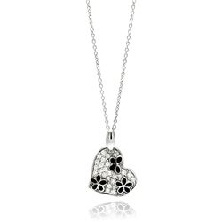 Sterling Silver Rhodium Plated Clear & Black CZ Flower Heart Pendant Necklace stp00822