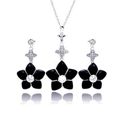 Sterling Silver Rhodium Plated Black Onyx Clear CZ Dangling Stud Earring & Dangling Necklace Set bgs