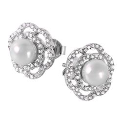 Sterling Silver Rhodium Plated Flower Fresh Water Pearl Earring - BGE00439