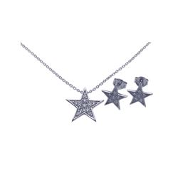 Sterling Silver Rhodium Plated Star CZ Stud Earring & Necklace Set sts00284