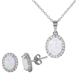 Sterling Silver Rhodium Plated Oval Halo Set With Synthetic Opal And CZ - BGS00470