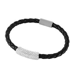 Sterling SIlver Rhodium Plated CZ Bar Italian Leather Bracelet ITB00142RH/BLK