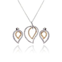Silver Rhodium & Gold Plated Clear Open Leaf CZ Stud Earring & Dangling Necklace Set bgs00050