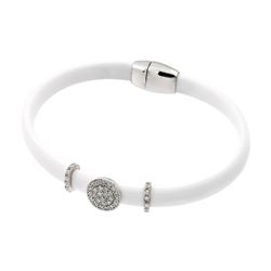 Sterling Silver Rhodium Plated Clear Micro Pave CZ White Leather Bracelet ECB005RH