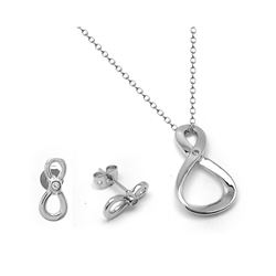 Sterling Silver Rhodium Plated Figure 8 Infinity Single Set Clear CZ Stud Earring & Necklace Set BGS