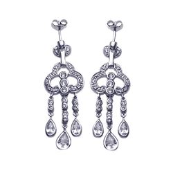 Sterling Silver Rhodium Plated Round Teardrop CZ Clover Jellyfish Dangling Post Earring ste00652