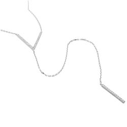Sterling Silver Rhodium Plated V CZ Necklace With Drop CZ Bar - GMN00006RH