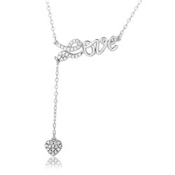 Sterling Silver Rhodium Plated CZ Love With Hanging Heart Necklace - BGP01107
