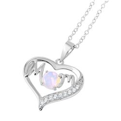 Sterling Silver Rhodium Plated Open Heart Mom Opal and CZ Necklace - BGP01054