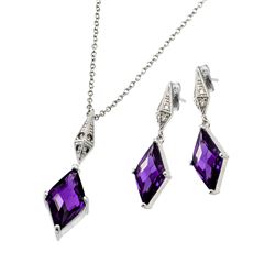 Sterling Silver Rhodium Plated Clear Inlay Purple Diamond Shaped CZ Dangling Stud Earring & Dangling