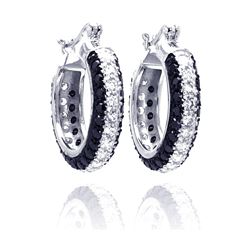 Sterling Silver Rhodium Plated Round Silver & Black CZ Hoop Earring ste00559