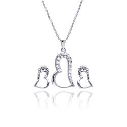 Sterling Silver Rhodium Plated Open Heart CZ Stud Earring & Necklace Set sts00377
