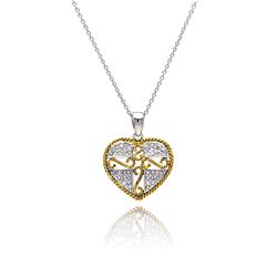 Sterling Silver Gold & Silver Rhodium Plated Micro Pave Heart Filigree CZ Dangling Necklace stp00520
