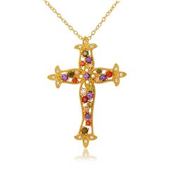 Sterling Silver Gold Plated Multi Color CZ Cross Necklace - BGP01097