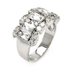 Rhodium Plated Brass Clear Rectangle & Round CZ Ring bbr00032